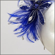 Load image into Gallery viewer, Cobalt Blue Feather Flower Fascinator on Headband