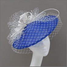 Load image into Gallery viewer, Cobalt Blue &amp; White Wedding Guest Disc Fascinator with Netting