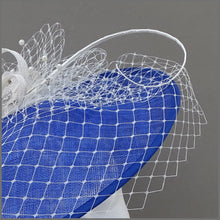 Load image into Gallery viewer, Cobalt Blue &amp; White Race Day Sinamay Disc Fascinator on Headband