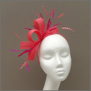Coral & Fuchsia Pink Feather Fascinator for Wedding