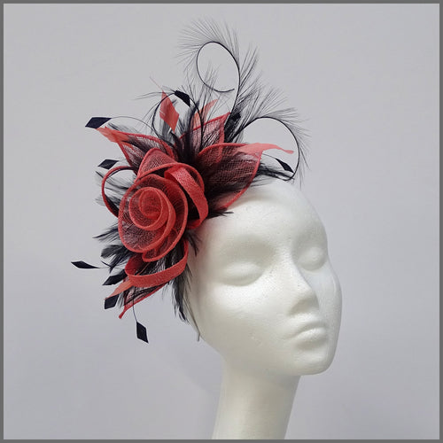 Coral & Navy Floral Rose Fascinator on Headband