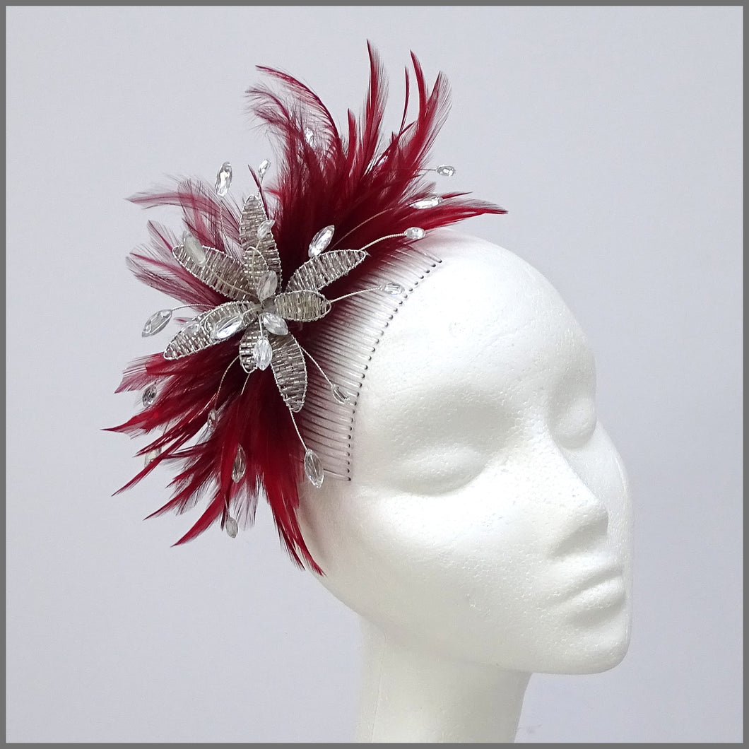 Deep Red Feather Flower Fascinator for Wedding