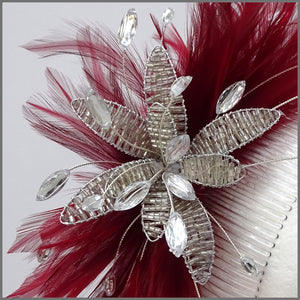 Deep Red Feather Fascinator with Bead & Crystal Flower