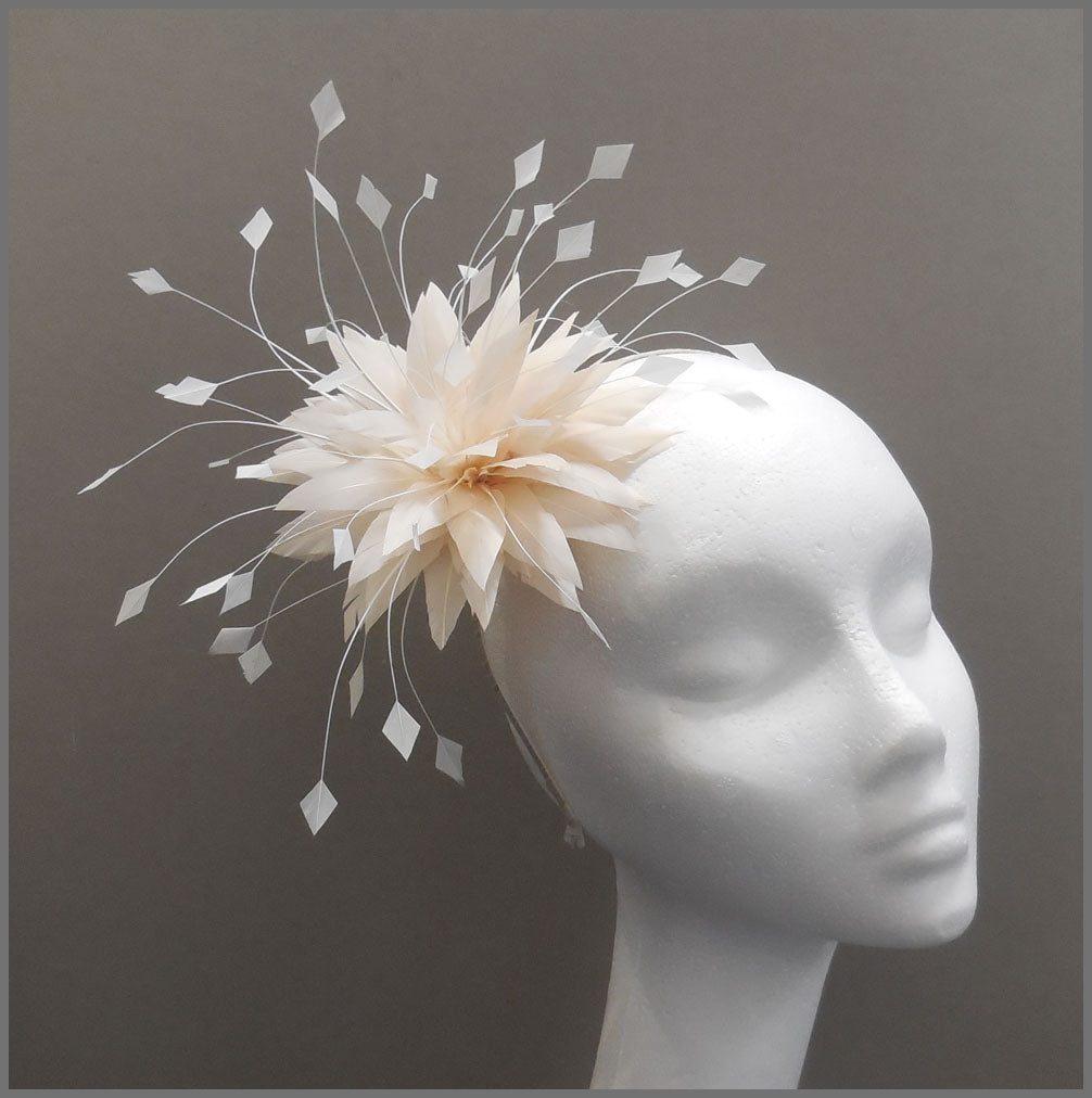 Gorgeous white fascinator with flowers and gold tipped feathers on a popular headband!