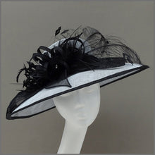 Load image into Gallery viewer, Dove Grey &amp; Black Ladies Feather Hat for Wedding, Royal Ascot or Derby Day.