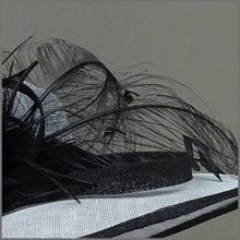 Load image into Gallery viewer, Dove Grey &amp; Black Sinamay Feather Hat for Wedding or Ladies Day.