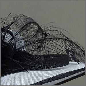 Dove Grey & Black Sinamay Feather Hat for Wedding or Ladies Day.