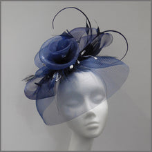 Load image into Gallery viewer, Elegant Navy Blue Floral Rose Formal Fascinator