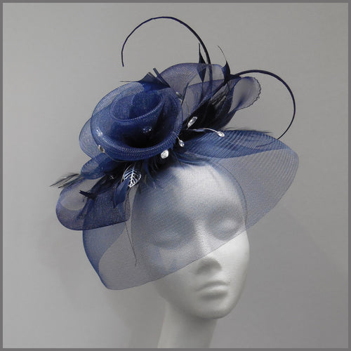 Elegant Navy Blue Floral Rose Formal Fascinator
