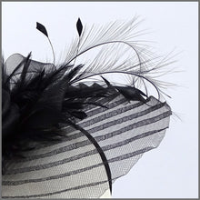 Load image into Gallery viewer, Black Feather Crinoline Fascinator on Headband