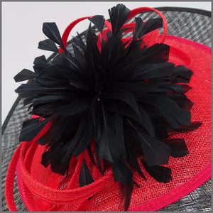 Black & Red Feather Flower Disc Fascinator for Formal Event