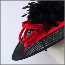 Load image into Gallery viewer, Black &amp; Red Sinamay Disc Fascinator on Headband