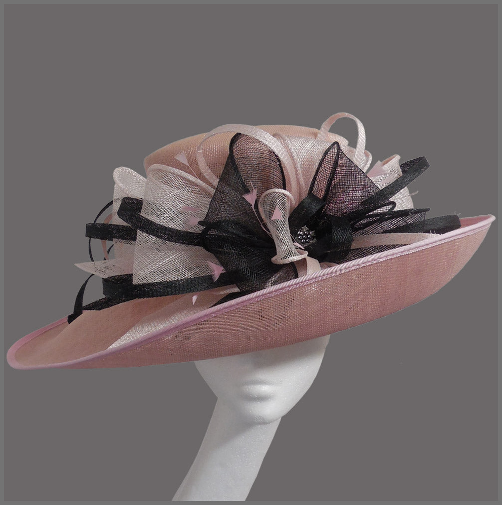 Formal Ladies Wedding Hat in Pale Pink & Black