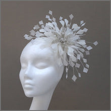 Load image into Gallery viewer, White Feather Spray Fascinator with Crystal Flower