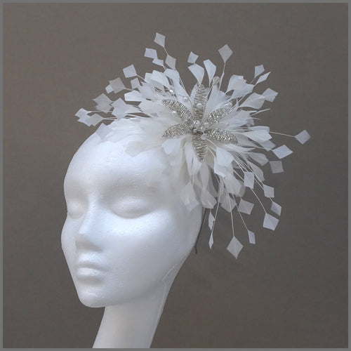 White Feather Spray Fascinator with Crystal Flower