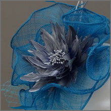 Load image into Gallery viewer, Kingfisher Blue &amp; Silver Fascinator Hatinator with Feather Flower