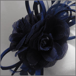 Ladies Day Navy Blue Flower Feather Headpiece