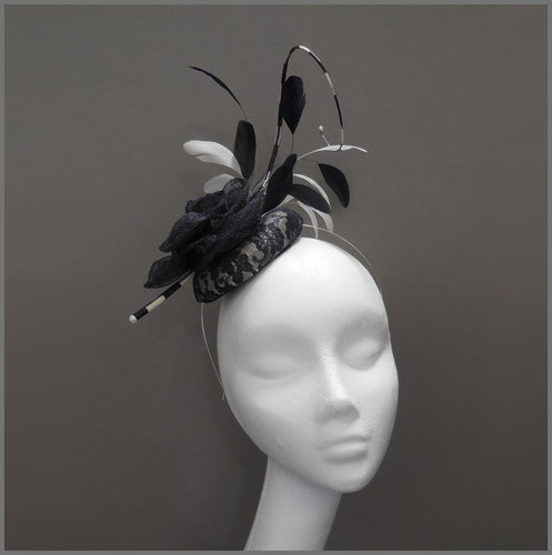 Ladies Day Pillbox Feather Fascinator in Navy & White