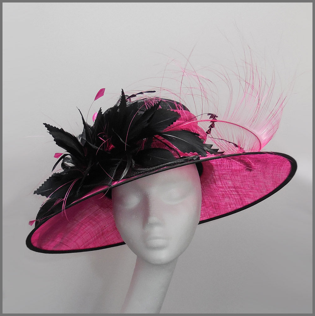 Ladies Feather Wedding Hat in Fuchsia Pink & Black