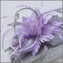 Load image into Gallery viewer, Metallic Silver &amp; Lilac Feather Disc Fascinator for Derby Day