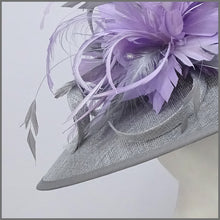 Load image into Gallery viewer, Metallic Silver &amp; Lilac Feather Hatinator for Formal Event