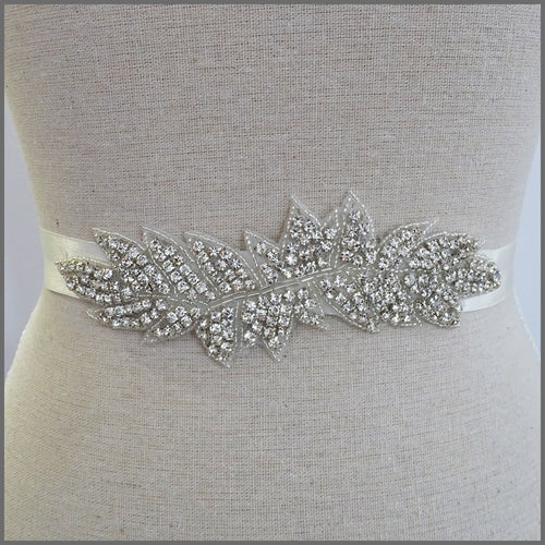 Bridal Wedding Dress Belt in Rhinestone Leaf Design