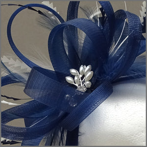 Light Navy Blue & White Wedding Guest Fascinator