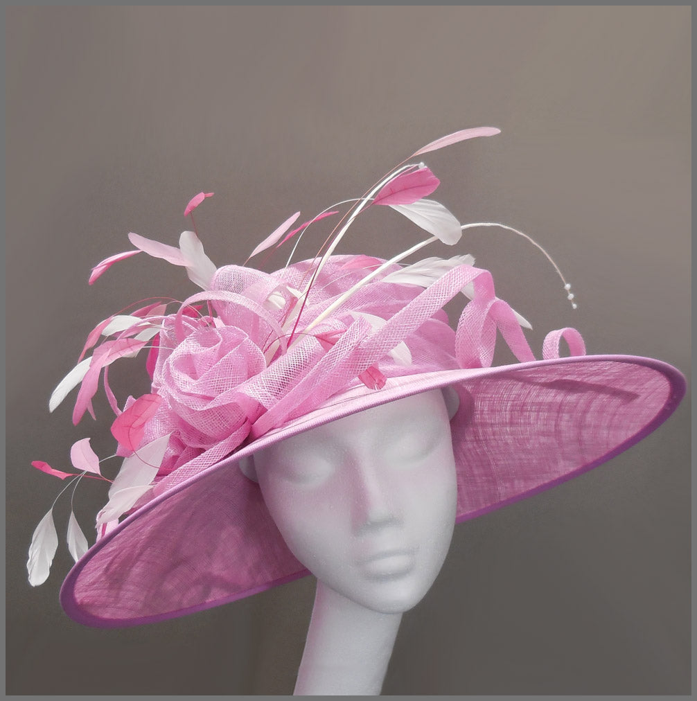 Mother of the Bride Feather Wedding Hat in Candy Pink & White