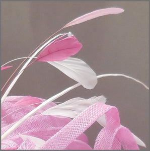 Mother of the Bride Feather Wedding Hat in Candy Pink & White