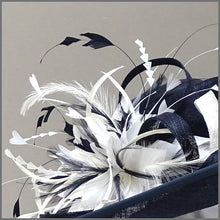 Load image into Gallery viewer, Mother of the Bride Hat in Navy Blue &amp; White