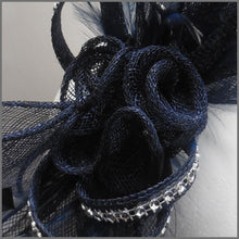 Load image into Gallery viewer, Navy Blue Headpiece with Feathers &amp; Diamanté