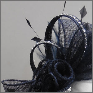 Navy Blue Headpiece with Feathers & Diamanté