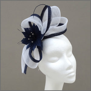 Navy Blue & White Flower Special Occasion Fascinator on Headband
