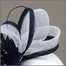 Load image into Gallery viewer, Navy Blue &amp; White Feather Flower Crinoline Fascinator