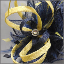 Load image into Gallery viewer, Navy &amp; Lemon Sinamay Feather Wedding Fascinator