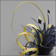 Load image into Gallery viewer, Navy &amp; Lemon Sinamay Feather Wedding Fascinator