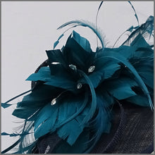 Load image into Gallery viewer, Navy &amp; Teal Green Feather Hatinator for Special Occasion