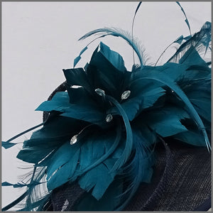 Navy & Teal Green Feather Hatinator for Special Occasion