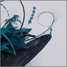Load image into Gallery viewer, Navy &amp; Teal Green Feather Hatinator for Ladies Day