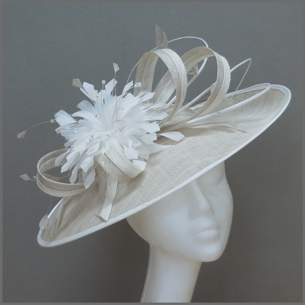 Oyster & White Feather Hatinator for Wedding | Jacqui Vale Designs