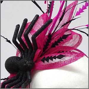 Fuchsia Pink & Black Halloween Headpiece with Large Spider