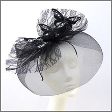Load image into Gallery viewer, Quirky Black Butterfly Crinoline Disc Fascinator with Feathers &amp; Lace