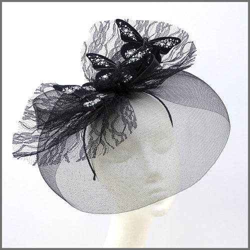 Quirky Black Butterfly Crinoline Disc Fascinator with Feathers & Lace