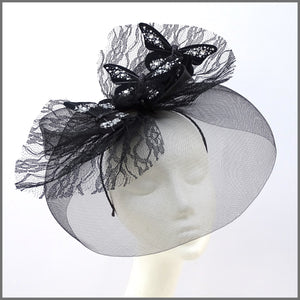 Quirky Black Butterfly Crinoline Disc Fascinator with Feathers & Lace