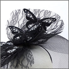 Load image into Gallery viewer, Quirky Black Butterfly Crinoline Disc Fascinator for Formal Event