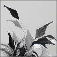 Load image into Gallery viewer, Race Day Feather Hatinator in Black &amp; Silver