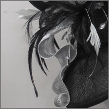 Load image into Gallery viewer, Race Day Feather Hatinator in Black &amp; Silver