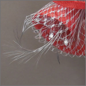 Red & Silver Sinamay Race Day Fascinator with Netting