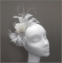 Load image into Gallery viewer, Rose Feather Headpiece in Silver Grey &amp; White