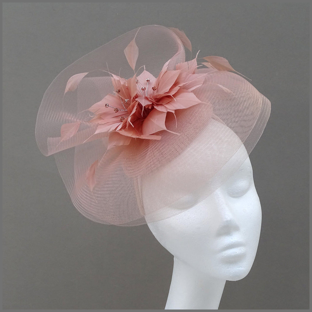 Rose Gold Crinoline Feather Flower Disc Fascinator for Special Occasion